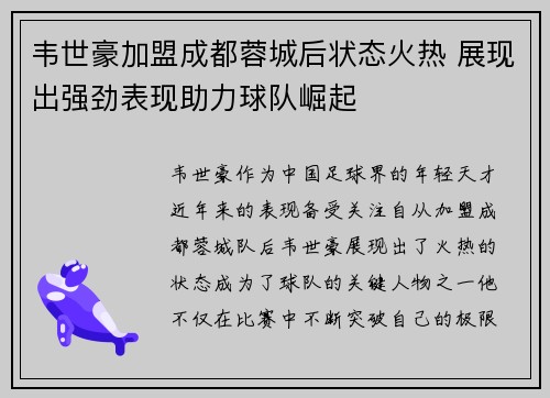韦世豪加盟成都蓉城后状态火热 展现出强劲表现助力球队崛起