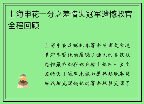 上海申花一分之差惜失冠军遗憾收官全程回顾